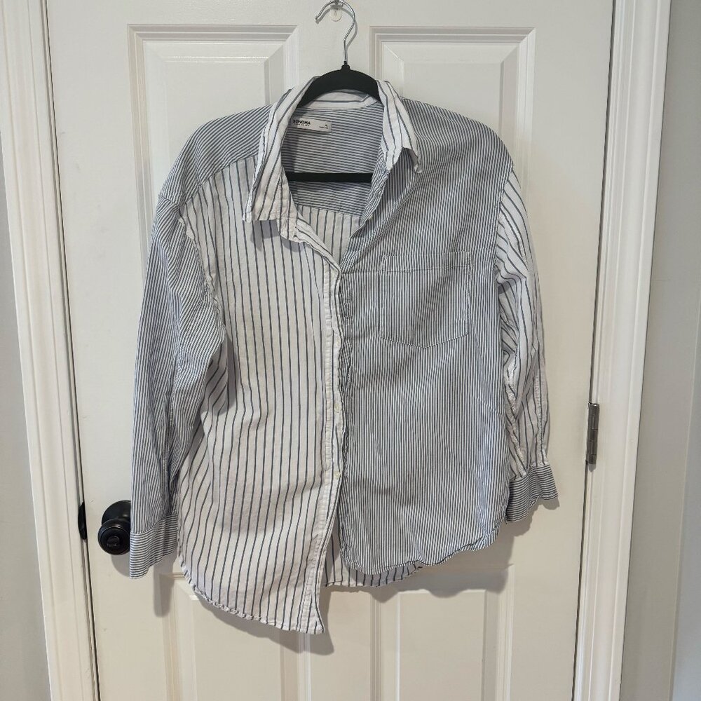 Sonoma Blue White Striped Cotton Button Down Shirt - Size Petite Large
